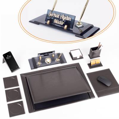 10 Parça Eskitme Desenli Antrasit Deri Sümen Takımı ve Kristal Masa İsimliği Ofis Masa Sümen Seti - Ofistike