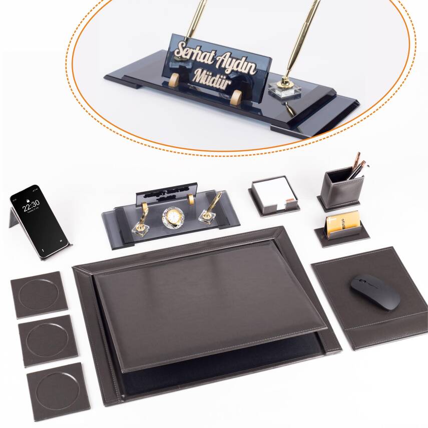 10 Parça Eskitme Desenli Antrasit Deri Sümen Takımı ve Kristal Masa İsimliği Ofis Masa Sümen Seti - 1