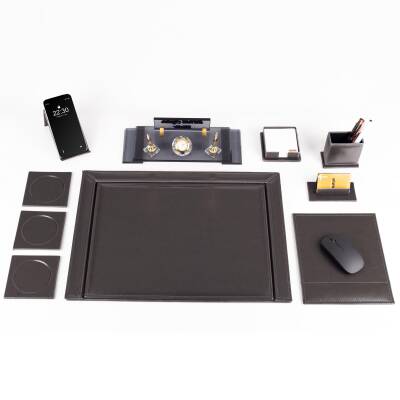 10 Parça Eskitme Desenli Antrasit Deri Sümen Takımı ve Kristal Masa İsimliği Ofis Masa Sümen Seti - 2