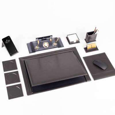 10 Parça Eskitme Desenli Antrasit Deri Sümen Takımı ve Kristal Masa İsimliği Ofis Masa Sümen Seti - 3