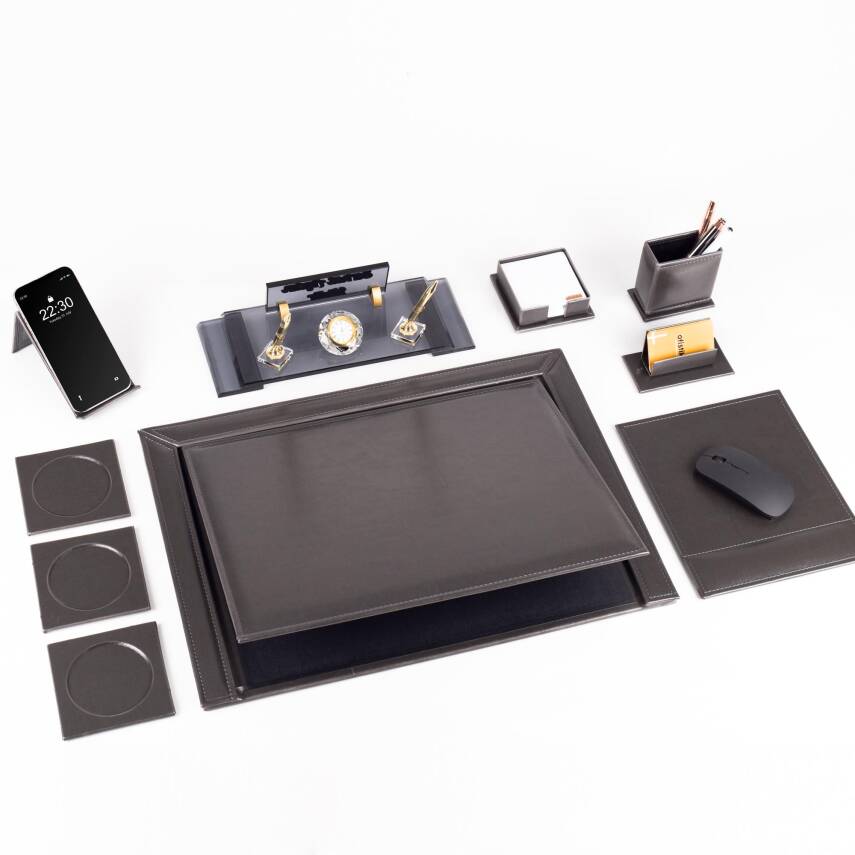 10 Parça Eskitme Desenli Antrasit Deri Sümen Takımı ve Kristal Masa İsimliği Ofis Masa Sümen Seti - 3