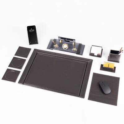 10 Parça Eskitme Desenli Antrasit Deri Sümen Takımı ve Kristal Masa İsimliği Ofis Masa Sümen Seti - 4