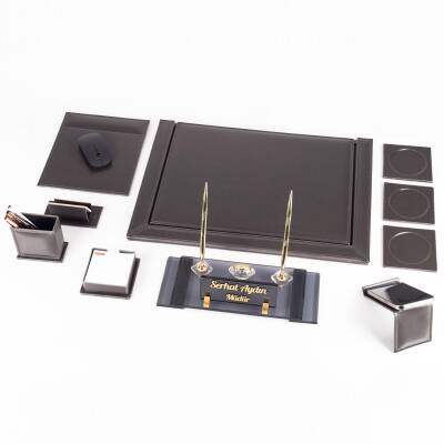 10 Parça Eskitme Desenli Antrasit Deri Sümen Takımı ve Kristal Masa İsimliği Ofis Masa Sümen Seti - 5