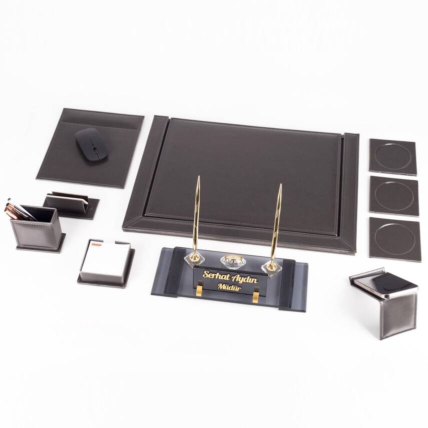 10 Parça Eskitme Desenli Antrasit Deri Sümen Takımı ve Kristal Masa İsimliği Ofis Masa Sümen Seti - 5