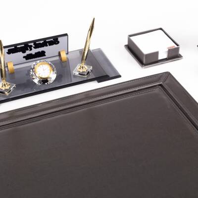 10 Parça Eskitme Desenli Antrasit Deri Sümen Takımı ve Kristal Masa İsimliği Ofis Masa Sümen Seti - 6