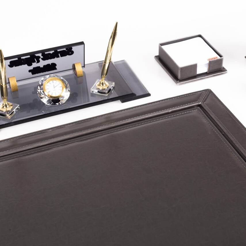 10 Parça Eskitme Desenli Antrasit Deri Sümen Takımı ve Kristal Masa İsimliği Ofis Masa Sümen Seti - 6