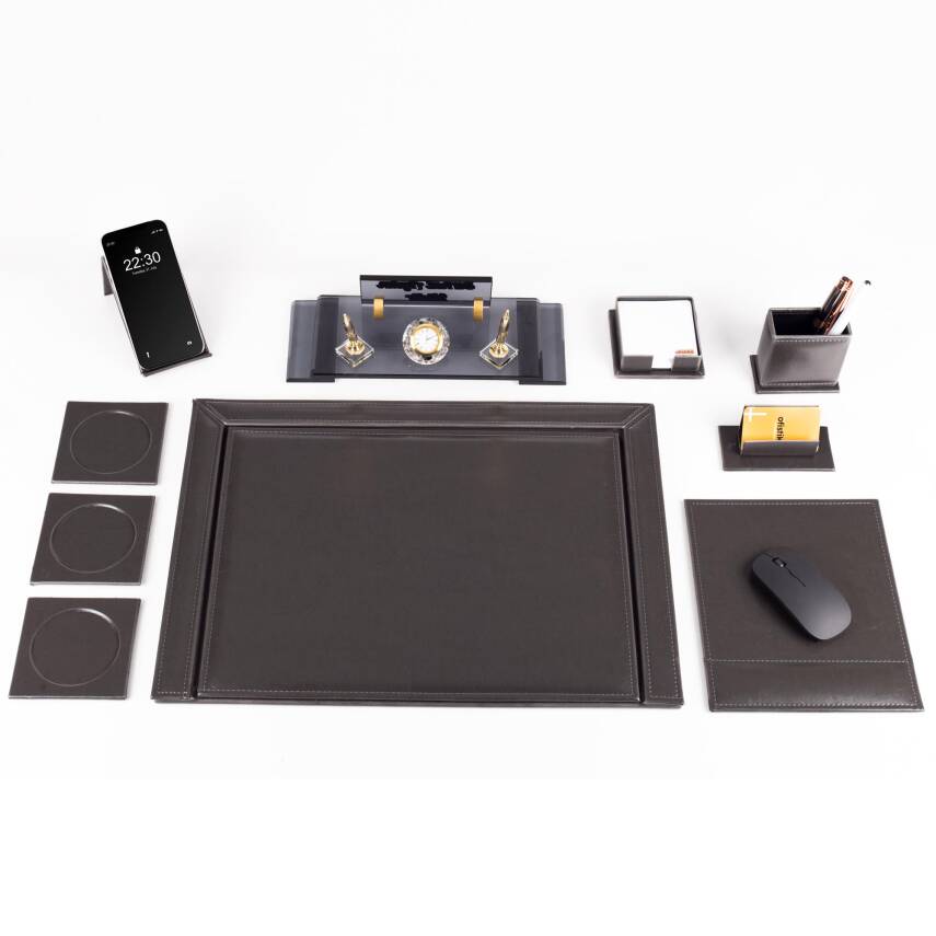 10 Parça Eskitme Desenli Antrasit Deri Sümen Takımı ve Kristal Masa İsimliği Ofis Masa Sümen Seti - 2