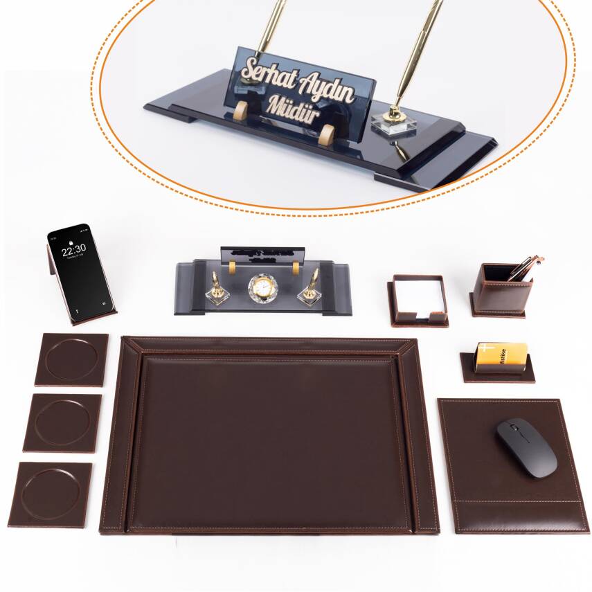 10 Parça Eskitme Desenli Kahverengi Deri Sümen Takımı ve Kristal Masa İsimliği Ofis Masa Sümen Seti - 1