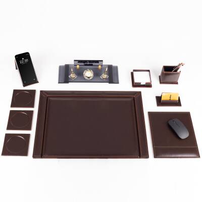 10 Parça Eskitme Desenli Kahverengi Deri Sümen Takımı ve Kristal Masa İsimliği Ofis Masa Sümen Seti - 2