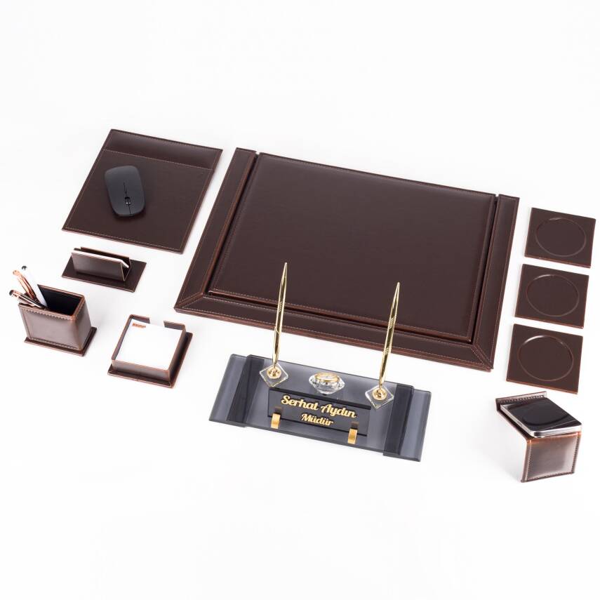 10 Parça Eskitme Desenli Kahverengi Deri Sümen Takımı ve Kristal Masa İsimliği Ofis Masa Sümen Seti - 5