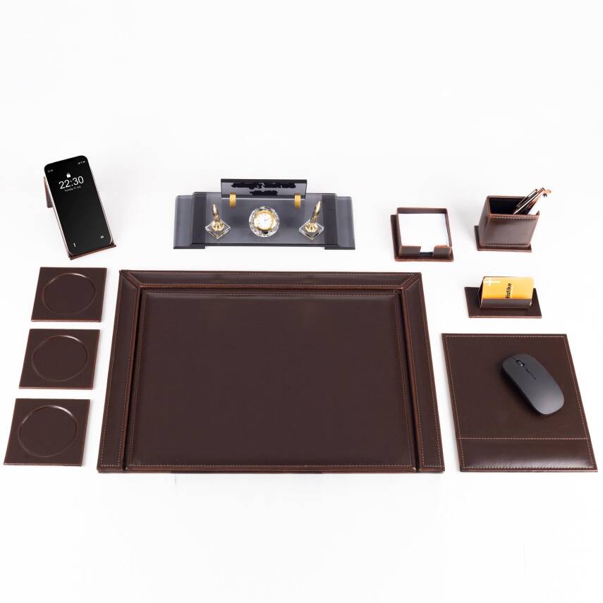10 Parça Eskitme Desenli Kahverengi Deri Sümen Takımı ve Kristal Masa İsimliği Ofis Masa Sümen Seti - 2