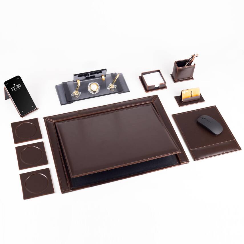 10 Parça Eskitme Desenli Kahverengi Deri Sümen Takımı ve Kristal Masa İsimliği Ofis Masa Sümen Seti - 3