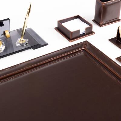 10 Parça Eskitme Desenli Kahverengi Deri Sümen Takımı ve Kristal Masa İsimliği Ofis Masa Sümen Seti - 6