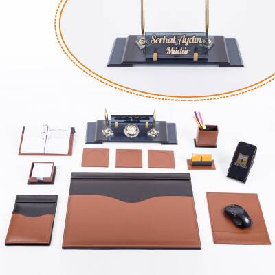 10 Parça Taba Siyah Lüks Sümen Takımı Elit İsimlik Lüks Sümen Seti Kristal Masa İsimliği Masa Sümeni - Ofistike