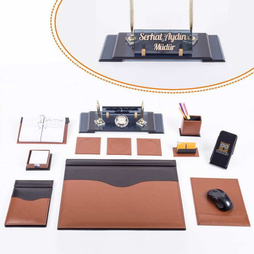 10 Parça Taba Siyah Lüks Sümen Takımı Elit İsimlik Lüks Sümen Seti Kristal Masa İsimliği Masa Sümeni - 1