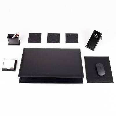 8 Parça Siyah Deri Sümen Seti Yeni İş Hediyesi Ekonomik Kaliteli Masa Sümen Takımı Ofis Hediyesi - Ofistike