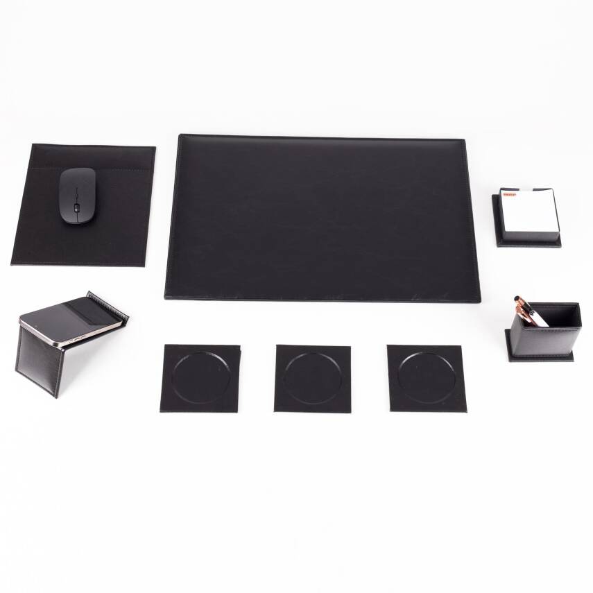 8 Parça Siyah Deri Sümen Seti Yeni İş Hediyesi Ekonomik Kaliteli Masa Sümen Takımı Ofis Hediyesi - 2