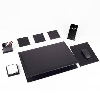 8 Parça Siyah Deri Sümen Seti Yeni İş Hediyesi Ekonomik Kaliteli Masa Sümen Takımı Ofis Hediyesi - 3