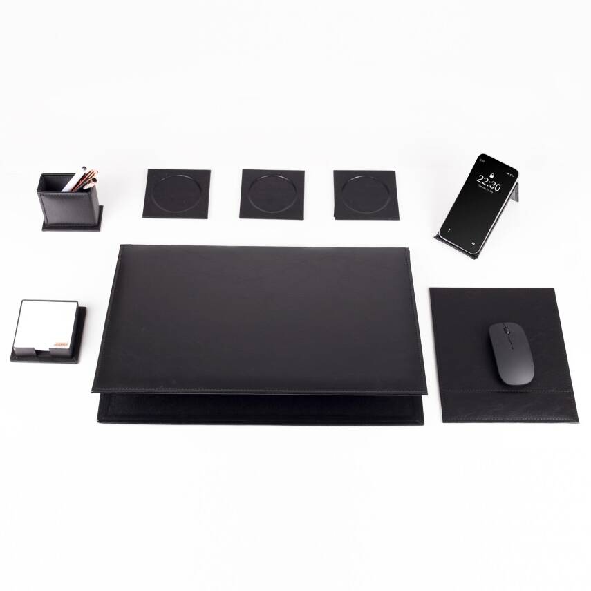 8 Parça Siyah Deri Sümen Seti Yeni İş Hediyesi Ekonomik Kaliteli Masa Sümen Takımı Ofis Hediyesi - 1