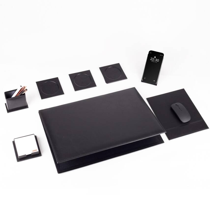 8 Parça Siyah Deri Sümen Seti Yeni İş Hediyesi Ekonomik Kaliteli Masa Sümen Takımı Ofis Hediyesi - 3