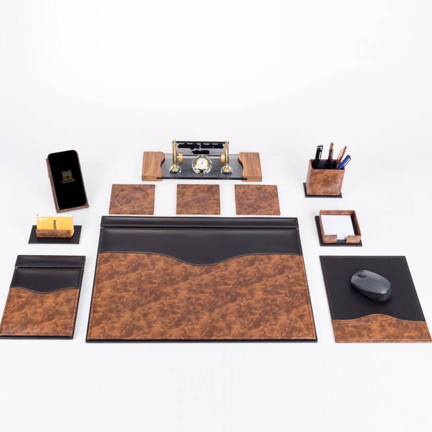 9 Parça Kök Ağaç Ahşap Desen Siyah Lüks Sümen Takımı Elit Kristal Ofis Masa İsimliği Sümen Seti - 2