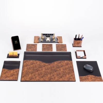 9 Parça Kök Ağaç Ahşap Desen Siyah Lüks Sümen Takımı Elit Kristal Ofis Masa İsimliği Sümen Seti - 2