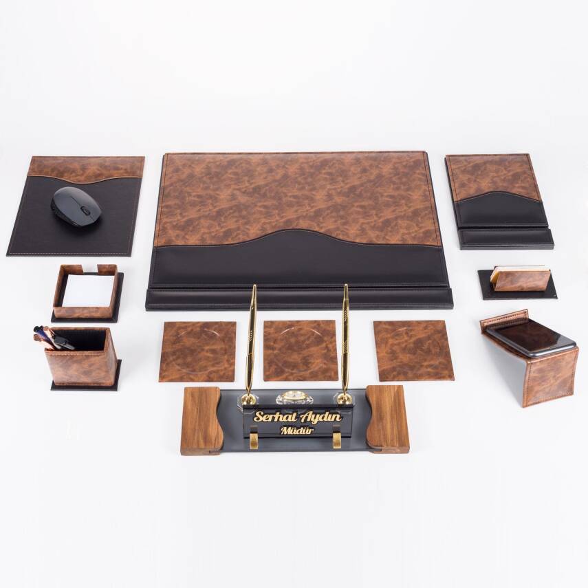 9 Parça Kök Ağaç Ahşap Desen Siyah Lüks Sümen Takımı Elit Kristal Ofis Masa İsimliği Sümen Seti - 4