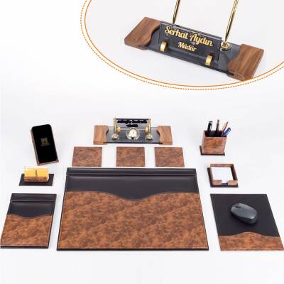 9 Parça Kök Ağaç Ahşap Desen Siyah Lüks Sümen Takımı Elit Kristal Ofis Masa İsimliği Sümen Seti - Ofistike