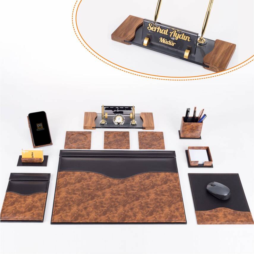 9 Parça Kök Ağaç Ahşap Desen Siyah Lüks Sümen Takımı Elit Kristal Ofis Masa İsimliği Sümen Seti - 1