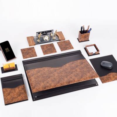 9 Parça Kök Ağaç Ahşap Desen Siyah Lüks Sümen Takımı Elit Kristal Ofis Masa İsimliği Sümen Seti - 3