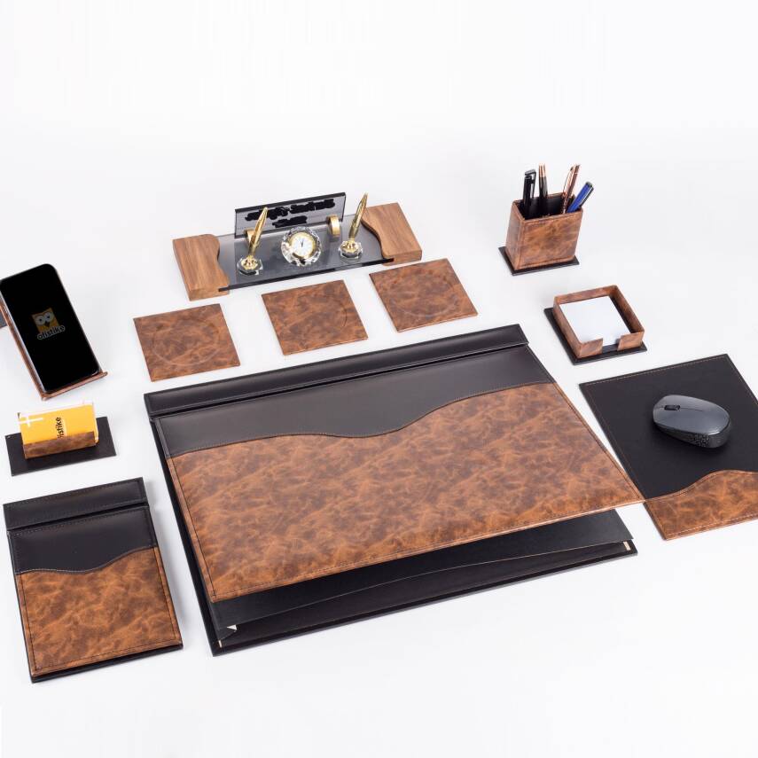 9 Parça Kök Ağaç Ahşap Desen Siyah Lüks Sümen Takımı Elit Kristal Ofis Masa İsimliği Sümen Seti - 3