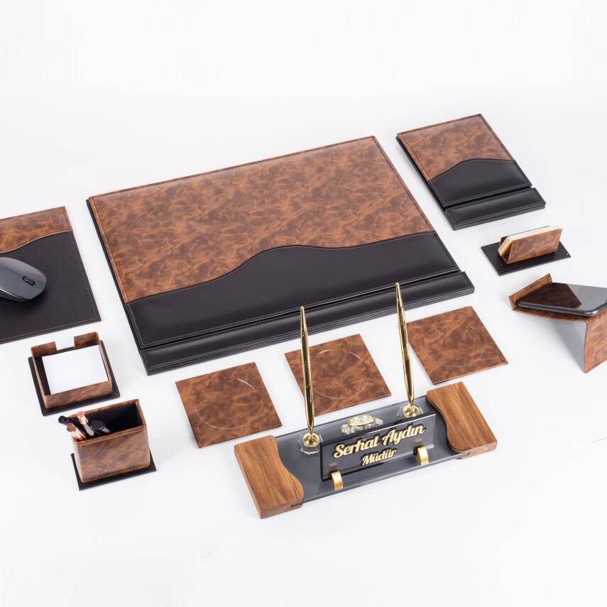 9 Parça Kök Ağaç Ahşap Desen Siyah Lüks Sümen Takımı Elit Kristal Ofis Masa İsimliği Sümen Seti - 5
