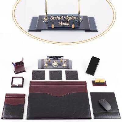 9 Parça Siyah Bordo Lüks Sümen Takımı Elit İsimlik Lüks Sümen Seti Kristal Masa İsimliği Masa Sümeni - Ofistike