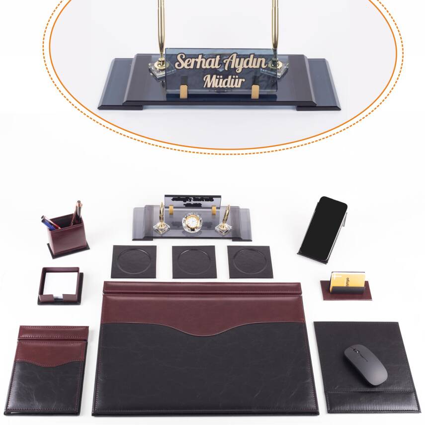 9 Parça Siyah Bordo Lüks Sümen Takımı Elit İsimlik Lüks Sümen Seti Kristal Masa İsimliği Masa Sümeni - 1