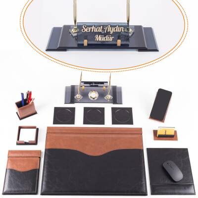 9 Parça Siyah Taba Lüks Sümen Takımı Elit İsimlik Lüks Sümen Seti Kristal Masa İsimliği Masa Sümeni 