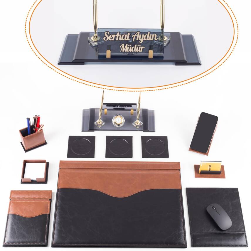 9 Parça Siyah Taba Lüks Sümen Takımı Elit İsimlik Lüks Sümen Seti Kristal Masa İsimliği Masa Sümeni - 1