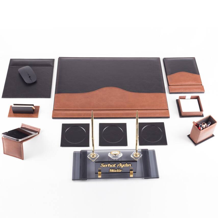 9 Parça Siyah Taba Lüks Sümen Takımı Elit İsimlik Lüks Sümen Seti Kristal Masa İsimliği Masa Sümeni - 4