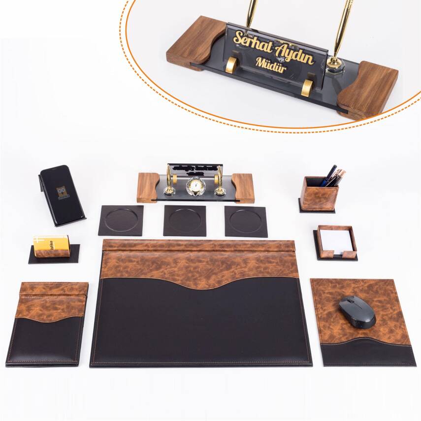 9 Parça Siyah ve Kök Ağaç Ahşap Desen Lüks Sümen Takımı Elit Kristal Ofis Masa İsimliği Sümen Seti - 1