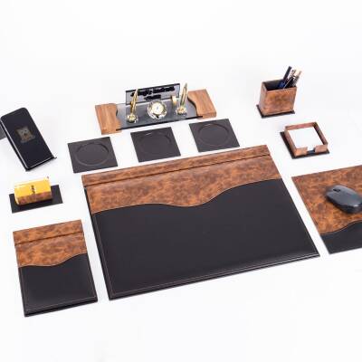 9 Parça Siyah ve Kök Ağaç Ahşap Desen Lüks Sümen Takımı Elit Kristal Ofis Masa İsimliği Sümen Seti - 2