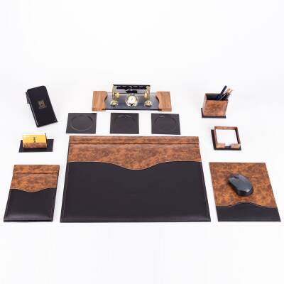 9 Parça Siyah ve Kök Ağaç Ahşap Desen Lüks Sümen Takımı Elit Kristal Ofis Masa İsimliği Sümen Seti - 3