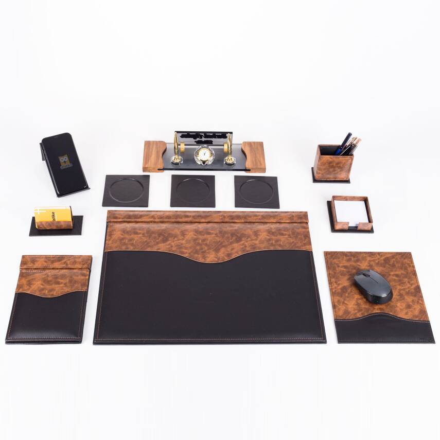 9 Parça Siyah ve Kök Ağaç Ahşap Desen Lüks Sümen Takımı Elit Kristal Ofis Masa İsimliği Sümen Seti - 3