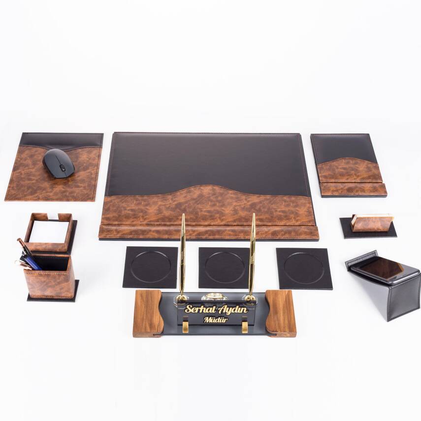 9 Parça Siyah ve Kök Ağaç Ahşap Desen Lüks Sümen Takımı Elit Kristal Ofis Masa İsimliği Sümen Seti - 4