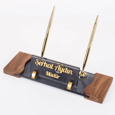 9 Parça Siyah ve Kök Ağaç Ahşap Desen Lüks Sümen Takımı Elit Kristal Ofis Masa İsimliği Sümen Seti - 6