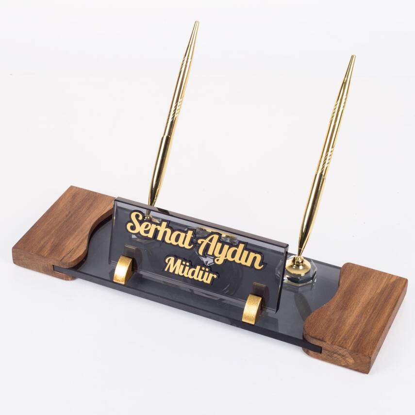 9 Parça Siyah ve Kök Ağaç Ahşap Desen Lüks Sümen Takımı Elit Kristal Ofis Masa İsimliği Sümen Seti - 6