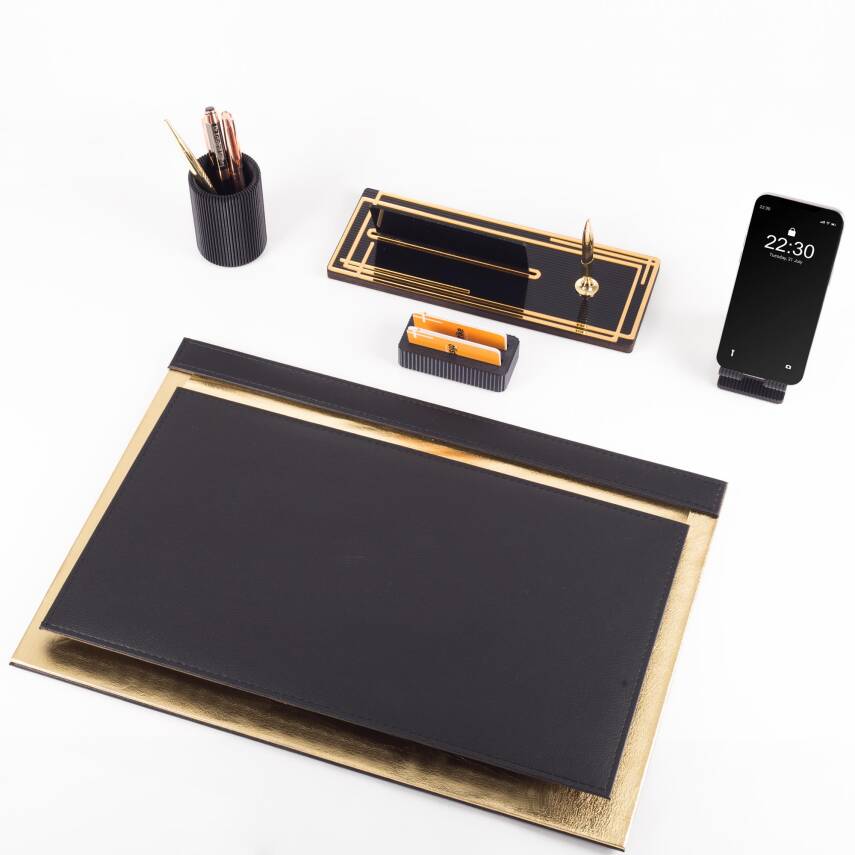 Apollo Altın Varak Desenli Siyah Deri Sümen Seti İsme Özel Ofis Masa İsimliği Masaüstü Sümen Takımı - 2