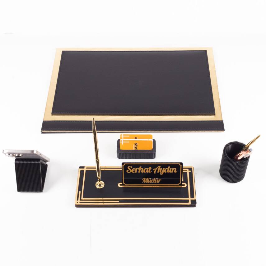 Apollo Altın Varak Desenli Siyah Deri Sümen Seti İsme Özel Ofis Masa İsimliği Masaüstü Sümen Takımı - 3