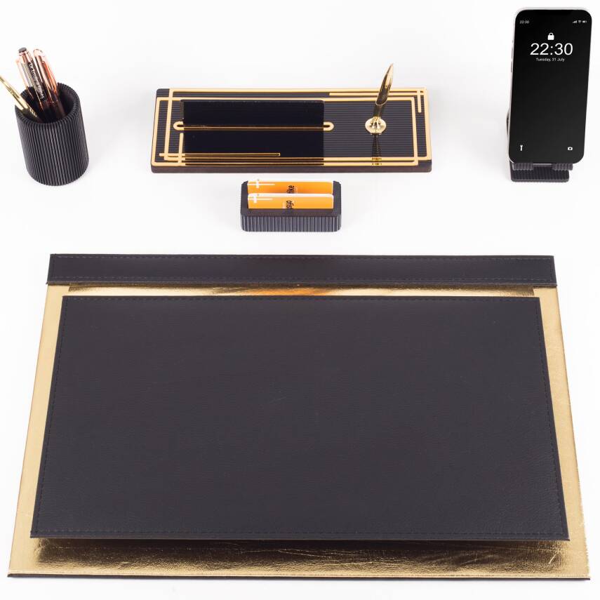 Apollo Altın Varak Desenli Siyah Deri Sümen Seti İsme Özel Ofis Masa İsimliği Masaüstü Sümen Takımı - 4