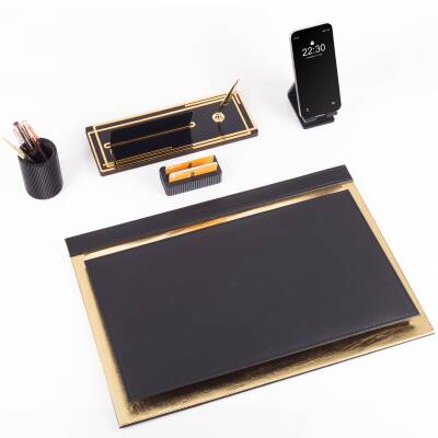 Apollo Altın Varak Desenli Siyah Deri Sümen Seti İsme Özel Ofis Masa İsimliği Masaüstü Sümen Takımı - 5