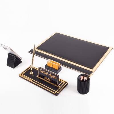 Apollo Altın Varak Desenli Siyah Deri Sümen Seti İsme Özel Ofis Masa İsimliği Masaüstü Sümen Takımı 