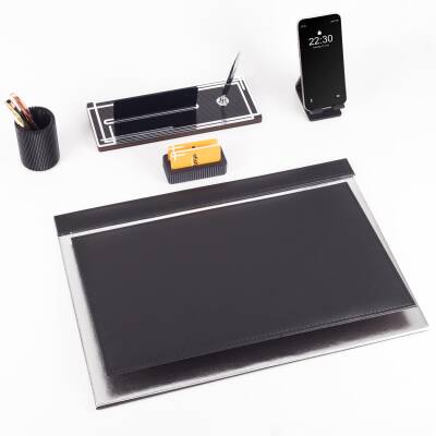 Apollo Gümüş Varak Desenli Siyah Deri Sümen Seti İsme Özel Ofis Masa İsimliği Masaüstü Sümen Takımı - Ofistike